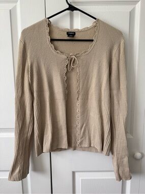 Vintage 2000s Tangents Cream Ribbed Tie-Front Cardigan Y2K - Women’s Size Medium